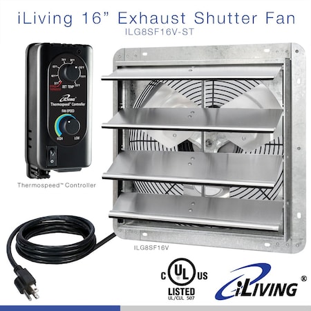 Iliving 16 in. Wall Mounted Shutter Exhaust Fan with Thermostat and Variable Speed controller, 1200 CFM ILG8SF16V-ST